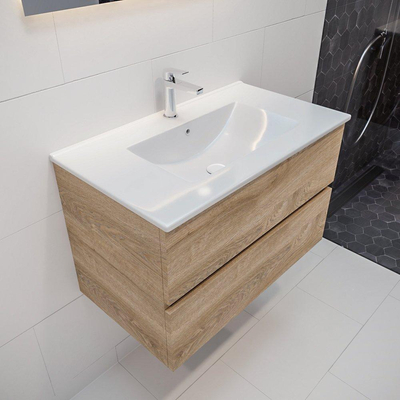 MONDIAZ VICA Badkamermeubelset - 80cm - 2 lades - wasbak Denia midden - 1 kraangat - solid surface washed oak