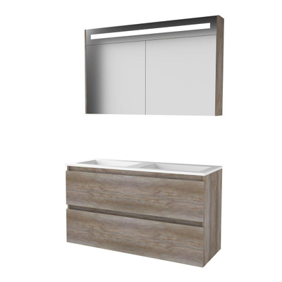 Basic-Line Premium 46 badkamermeubelset - 120x46cm - greeploos - 2 lades - acryl wastafel - 0 kraangaten - Spiegelkast - geintegreerde LED verlichting - MFC Scotch Oak