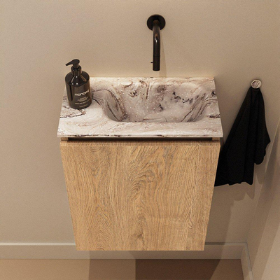 MONDIAZ TURE-DLUX 40cm toiletmeubel Washed Oak. EDEN wastafel Glace positie rechts. Zonder kraangat.
