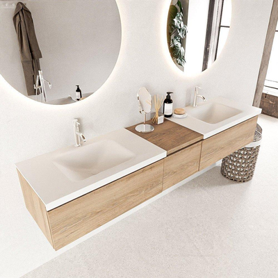 Mondiaz BUKLA Badkamermeubelset - 200x45x34cm - 2 kraangaten - 2 wasbakken solid surface - Talc - greeploos - 3 lades - Melamine - Washed Oak