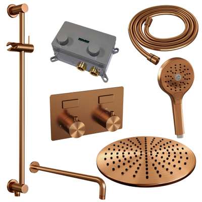 BRAUER Copper Edition Thermostatische Regendouche inbouw - drukknoppen - SET 70 - 30cm hoofddouche - gebogen muurarm - 3 standen handdouche - doucheslang - geïntegreerde glijstang - koper geborsteld PVD