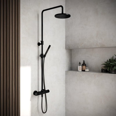 Hotbath Cobber thermostatische regendoucheset met 20cm ronde hoofddouche staafhanddouche mat zwart SHOWROOMMODEL