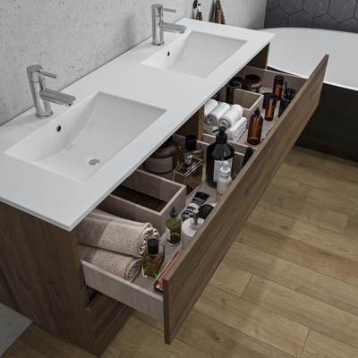 Adema Chaci Badkameronderkast - 140cm - 4 lades - greeploos - wit keramieke wastafel - overloop - 2 wasbakken - 2 kraangaten - noten