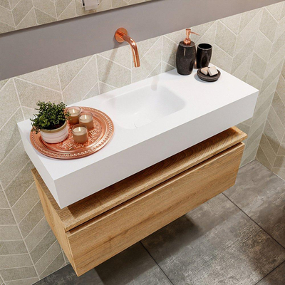 MONDIAZ ANDOR Toiletmeubel - 80x30x30cm - 0 kraangaten - 1 lades - washed oak mat - wasbak midden - Solid surface - Wit