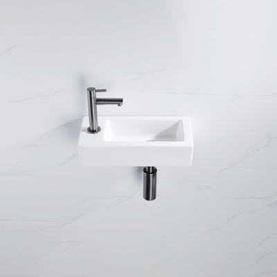 QeramiQ Fuente Fonteinset - 37.5x18.5x9cm - keramiek - kraangat links - fonteinkraan gunmetal - afvoerplug - verlaagd sifon - Mat wit