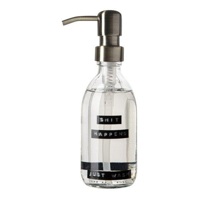 Wellmark Handzeep helder glas messing pomp 250ml tekst SHIT HAPPENS..JUST WASH Black label SHOWROOMMODEL