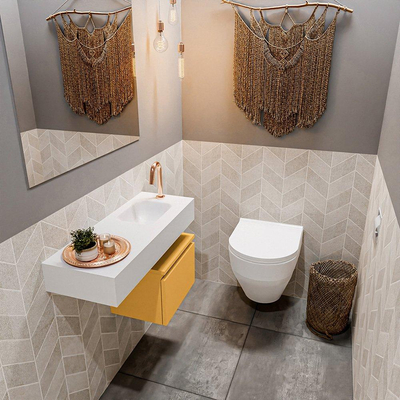 MONDIAZ ANDOR Toiletmeubel - 80x30x30cm - 1 kraangat - 1 lades - ocher mat - wasbak rechts - Solid surface - Wit