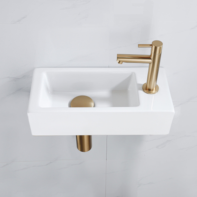 QeramiQ Fuente Fonteinset - 37.5x18.5x9cm - keramiek - kraangat rechts - fonteinkraan geborsteld messing - afvoerplug - verlaagd sifon - Mat wit