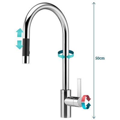 Dornbracht Tara Ultra 1 gats keukenkraan met uittrekbare hoge ronde uitloop met handdouche 360° draaibaar sprong 24cm platina mat