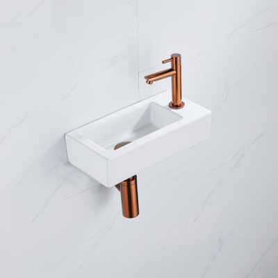 QeramiQ Fuente Fonteinset - 37.5x18.5x9cm - keramiek - kraangat rechts - fonteinkraan geborsteld koper - afvoerplug - verlaagd sifon - Glans wit