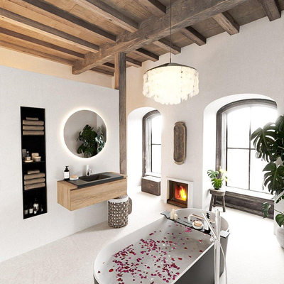 Mondiaz BUKLA Badkamermeubelset - 100x45x34cm - 1 kraangat - wasbak midden - solid surface - Urban - greeploos - 1 lade - Melamine - Washed Oak