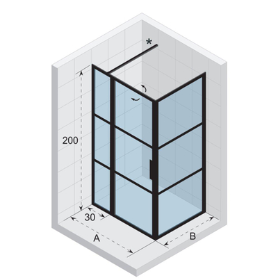 Riho Grid douchecabine XL 110x80x200cm 1 draaideur zwart profiel en helder glas