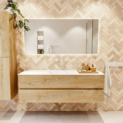 MONDIAZ VICA 150cm badmeubel onderkast Washed Oak 2 lades. Wastafel CLOUD midden zonder kraangat, kleur Talc.