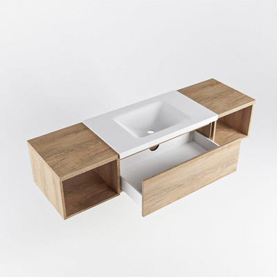 MONDIAZ BUKLA 160cm badmeubel met open module 40 L+R kleur Washed Oak met 2 lades. Wastafel CLOUD midden 1 kraangat kleur Talc.