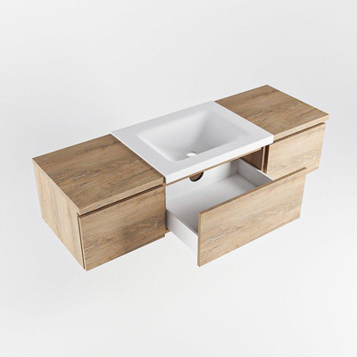 MONDIAZ BUKLA 140cm badmeubel met module 40 kleur Washed Oak met 3 lades. Wastafel CLOUD midden 0 kraangaten kleur Talc.