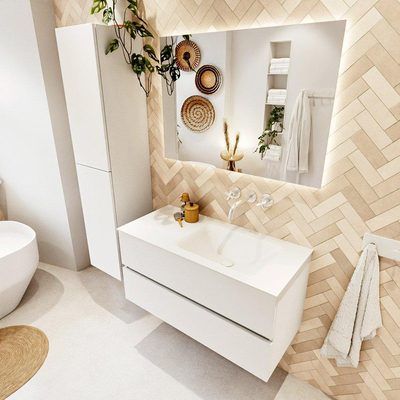 MONDIAZ VICA 100cm badmeubel onderkast Talc 2 lades. Wastafel CLOUD rechts zonder kraangat, kleur Talc.