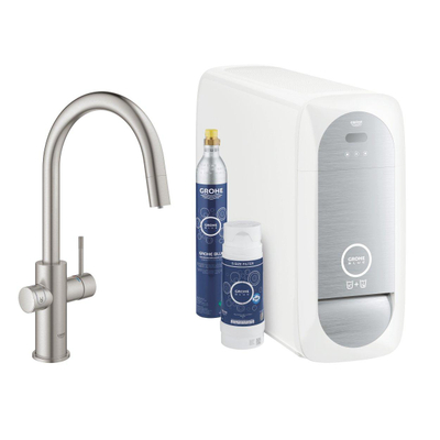 GROHE Blue Home Keukenkraan - uittrekbare c uitloop - 1 gats - filterfunctie - plat licht en bruisend water - supersteel geborsteld