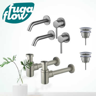 FugaFlow Eccelente Sobrado Badkamer Slim Wastafelkraanset - voor dubbele wastafel - inbouw wastafelkraan - always open plug - verlaagde design sifon - PVD Geborsteld RVS