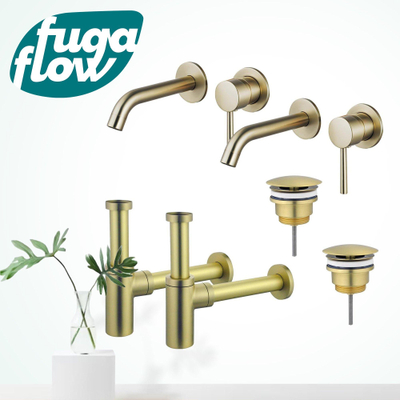 FugaFlow Eccelente Sobrado Badkamer Slim Wastafelkraanset - voor dubbele wastafel - inbouw wastafelkraan - always open plug - design sifon - PVD Geborsteld Messing