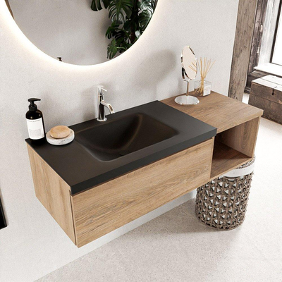 MONDIAZ BUKLA 120cm badmeubel met open module 40 kleur Washed Oak met 1 lade. Wastafel CLOUD links 1 kraangat kleur Urban.
