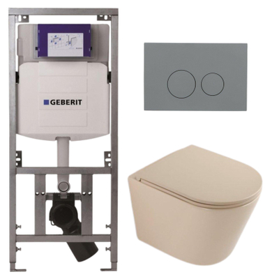 QeramiQ Dely Toiletset - 36.3x51.7cm - diepspoel - rimless - Geberit UP320 inbouwreservoir - softclose toilet zitting - bedieningsplaat licht grijs - ronde knoppen - mat beige