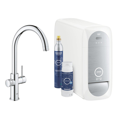 GROHE Blue Home 1-gats keukenkraan met duo C-uitloop starterkit met WiFi bluetooth Chilled & Sparkling 3x gekoeld + 3x bruisend water chroom