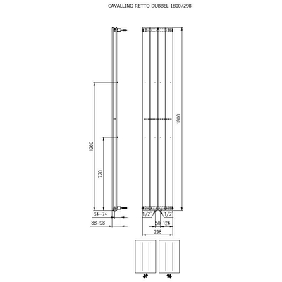 Plieger Cavallino Retto designradiator verticaal dubbel middenaansluiting 1800x298mm 817W wit