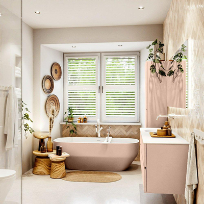 MONDIAZ VICA Badkamermeubelset - 150cm - onderkast rosee - 4 lades - wastafel moon links - zonder kraangaten - 60cm hoge versie - talc