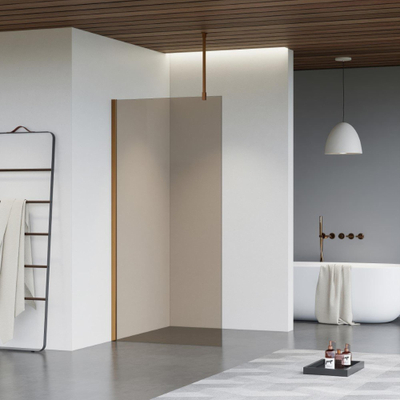 FugaFlow Eccelente Vetro inloopdouche badkamer - 30x200cm - rookglas - plafondarm - geborsteld koper