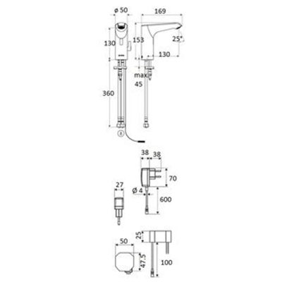 Schell Xeris E HD M elektronische wastafelkraan medium v. gemengd water met stekker trafo 220V met infrarood sensor chroom