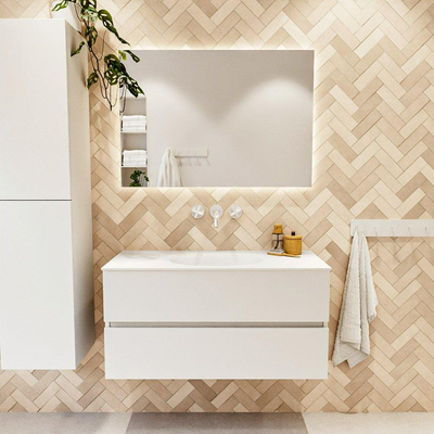 MONDIAZ VICA 100cm badmeubel onderkast Talc 2 lades. Wastafel MOON midden zonder kraangat, kleur Talc.