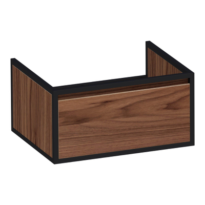 Ichoise badkamermeubelset met frame en zijkast walnoot. inclusief furiosa meubelwastafel wasbak links 1 kraangat finestone glanzend wit SHOWROOMMODEL OUTLETSTORE