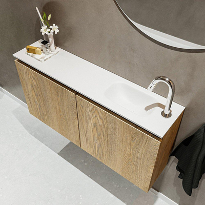 MONDIAZ TURE Fonteinset - 100x23x50cm - 1 kraangat - 2 deuren - washed oak mat - Wasbak rechts - Solid Surface Wit
