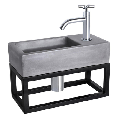 Differnz Ravo fonteinset - 38.5x18.5x25cm - Rechthoek - 1 kraangat - Gebogen chromen kraan - met zwart frame - kruisgreep - beton donkergrijs