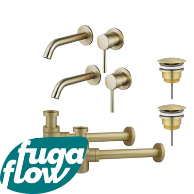 FugaFlow Eccelente Sobrado Badkamer Slim Wastafelkraanset - voor dubbele wastafel - inbouw wastafelkraan - always open plug - verlaagde design sifon - PVD Geborsteld Messing