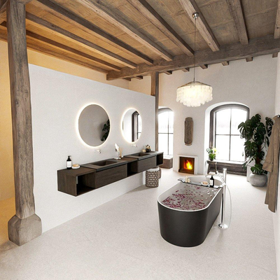 MONDIAZ BUKLA 280cm badmeubel met open module 40 L+M+R kleur Dark Brown met 2 lades. Wastafel CLOUD dubbel 0 kraangaten kleur Urban.