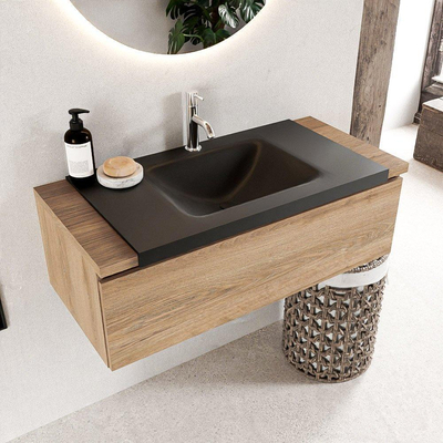 Mondiaz BUKLA Badkamermeubelset - 100x45x34cm - 1 kraangat - wasbak midden - solid surface - Urban - greeploos - 1 lade - Melamine - Washed Oak