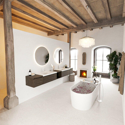 MONDIAZ BUKLA 280cm badmeubel met open module 40 midden kleur Dark Brown met 4 lades. Wastafel CLOUD dubbel 2 kraangaten kleur Talc.