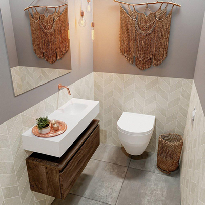 MONDIAZ ANDOR Toiletmeubel - 80x30x30cm - 0 kraangaten - 1 lades - dark brown mat - wasbak rechts - Solid surface - Wit