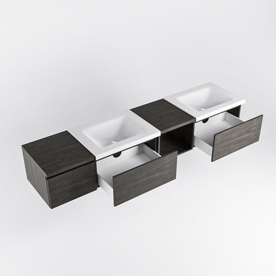 MONDIAZ BUKLA 200cm badmeubel met open module 40 rechts kleur Dark Brown met 3 lades. Wastafel CLOUD dubbel 0 kraangaten kleur Talc.