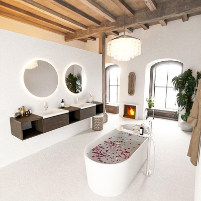 MONDIAZ BUKLA 240cm badmeubel met open module 40 L+M+R kleur Dark Brown met 2 lades. Wastafel CLOUD dubbel 2 kraangaten kleur Talc.