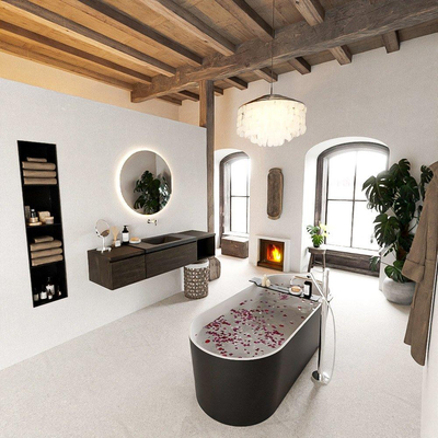 MONDIAZ BUKLA 160cm badmeubel met open module 40 rechts kleur Dark Brown met 2 lades. Wastafel CLOUD midden 0 kraangaten kleur Urban.