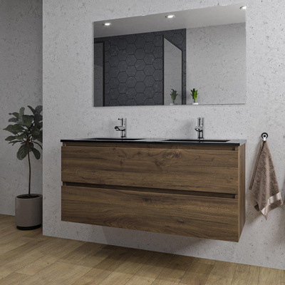 Adema Chaci Badkamermeubelset - 120x46x57cm - 2 keramische wasbakken zwart - 2 kraangaten - 2 lades - rechthoekige spiegel - noten (hout)