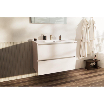 Nemo Start badkamermeubelset - 90x65x49.5cm - 2 lades - greeploos - 1 wasbak wit glans - 1 kraangat - met spiegel - MDF standard white