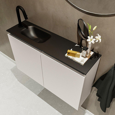 MONDIAZ TURE Fonteinset - 80x23x50cm - 1 kraangat - 2 deuren - linen mat - Wasbak links - Solid Surface Zwart