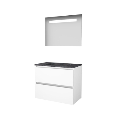 Basic-Line Economic 46 badkamermeubelset - 80x46cm - greeploos - 2 lades - hardsteen wastafel - 0 kraangaten - Spiegel - geintegreerde LED verlichting - MDF lak Ice White