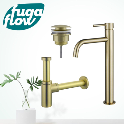 FugaFlow Eccelente Sobrado Badkamer Slim Wastafelkraanset - verhoogde wastafelkraan - klikwaste plug - design sifon - PVD Geborsteld Messing