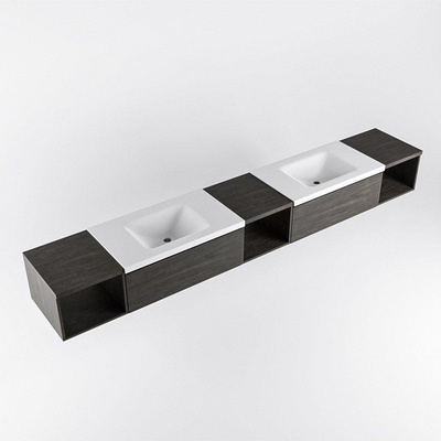 MONDIAZ BUKLA 280cm badmeubel met open module 40 L+M+R kleur Dark Brown met 2 lades. Wastafel CLOUD dubbel 2 kraangaten kleur Talc.