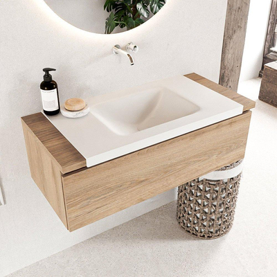 Mondiaz BUKLA Badkamermeubelset - 100x45x34cm - 0 kraangaten - wasbak midden - solid surface - Talc - greeploos - 1 lade - Melamine - Washed Oak