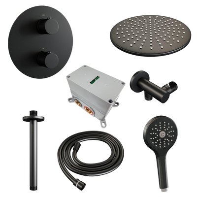 BRAUER Black Carving thermostatische Inbouw Regendouche - 3-weg - rond - set 84 - 30cm hoofddouche - plafondarm - 3-standen handdouche - doucheslang - wandaansluitbocht - mat zwart